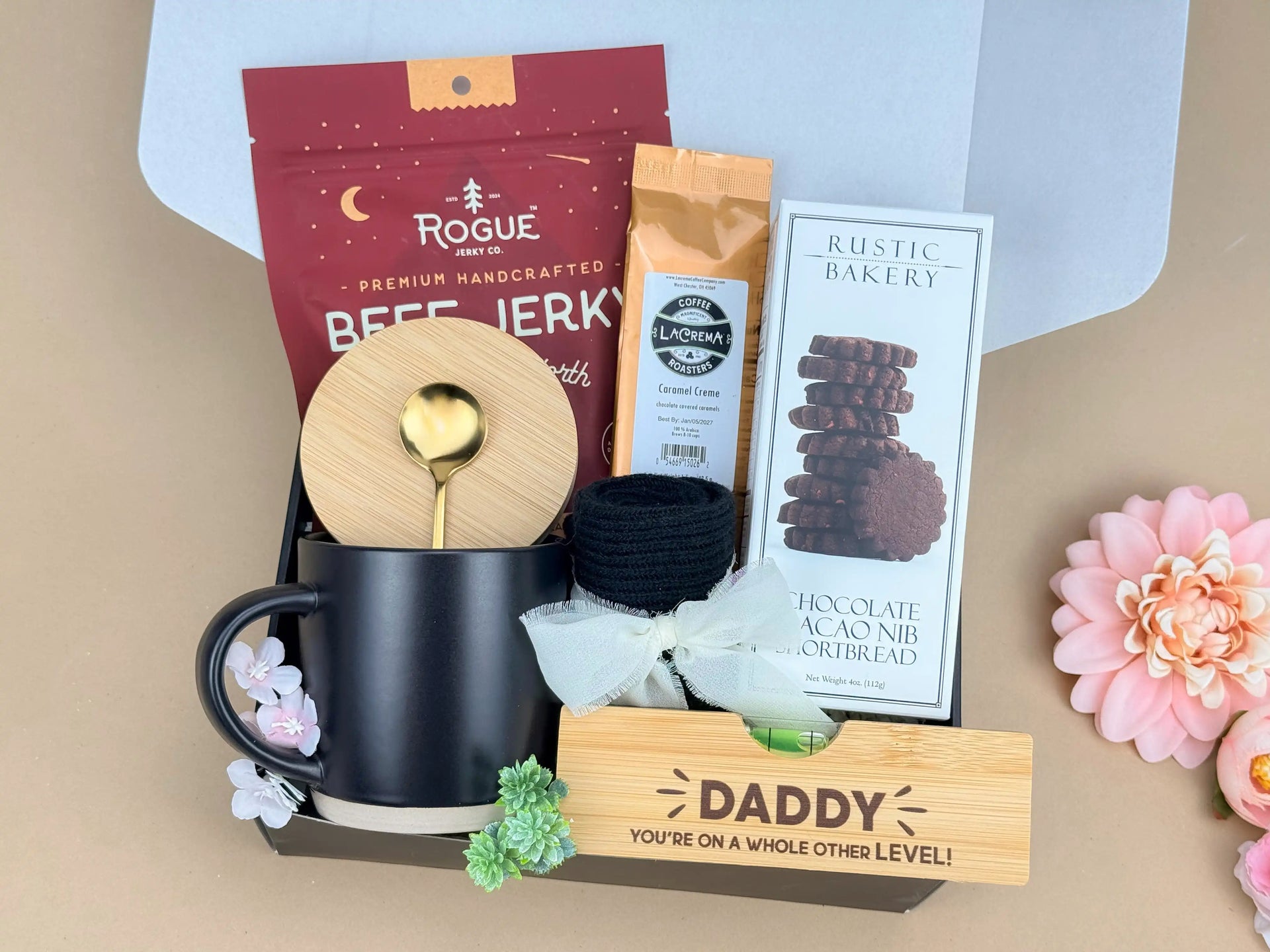 Gourmet Coffee Gift Box for Dad – Mug, Caramel Coffee, Jerky, Shortbread, Socks & Accessories 2