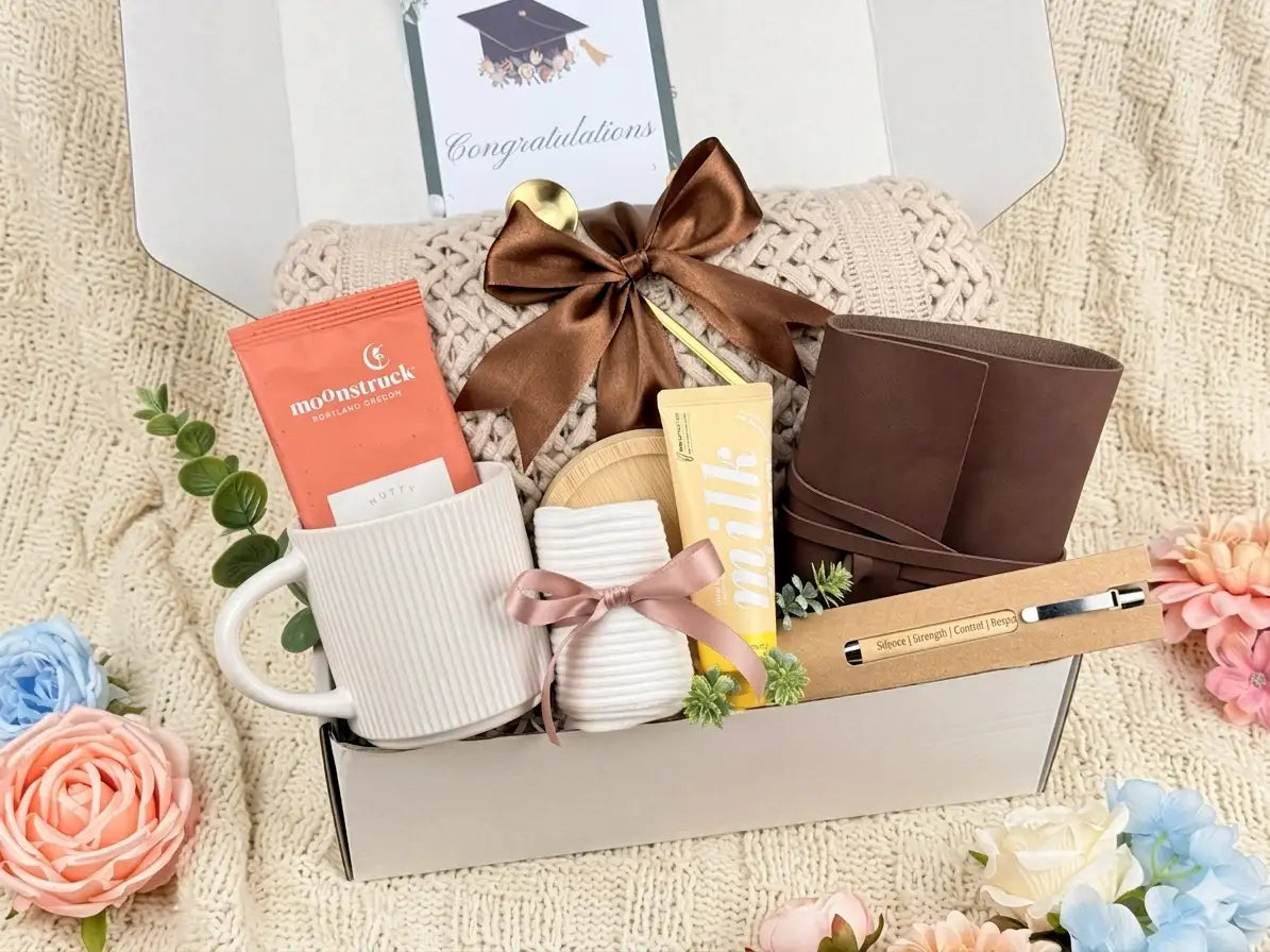 Graduation Gift Box for Him or Her – Luxury Congratulations Gift Basket with Knitted Throw Blanket, Leather Journal, Ceramic Mug, and Gourmet Cocoa Set