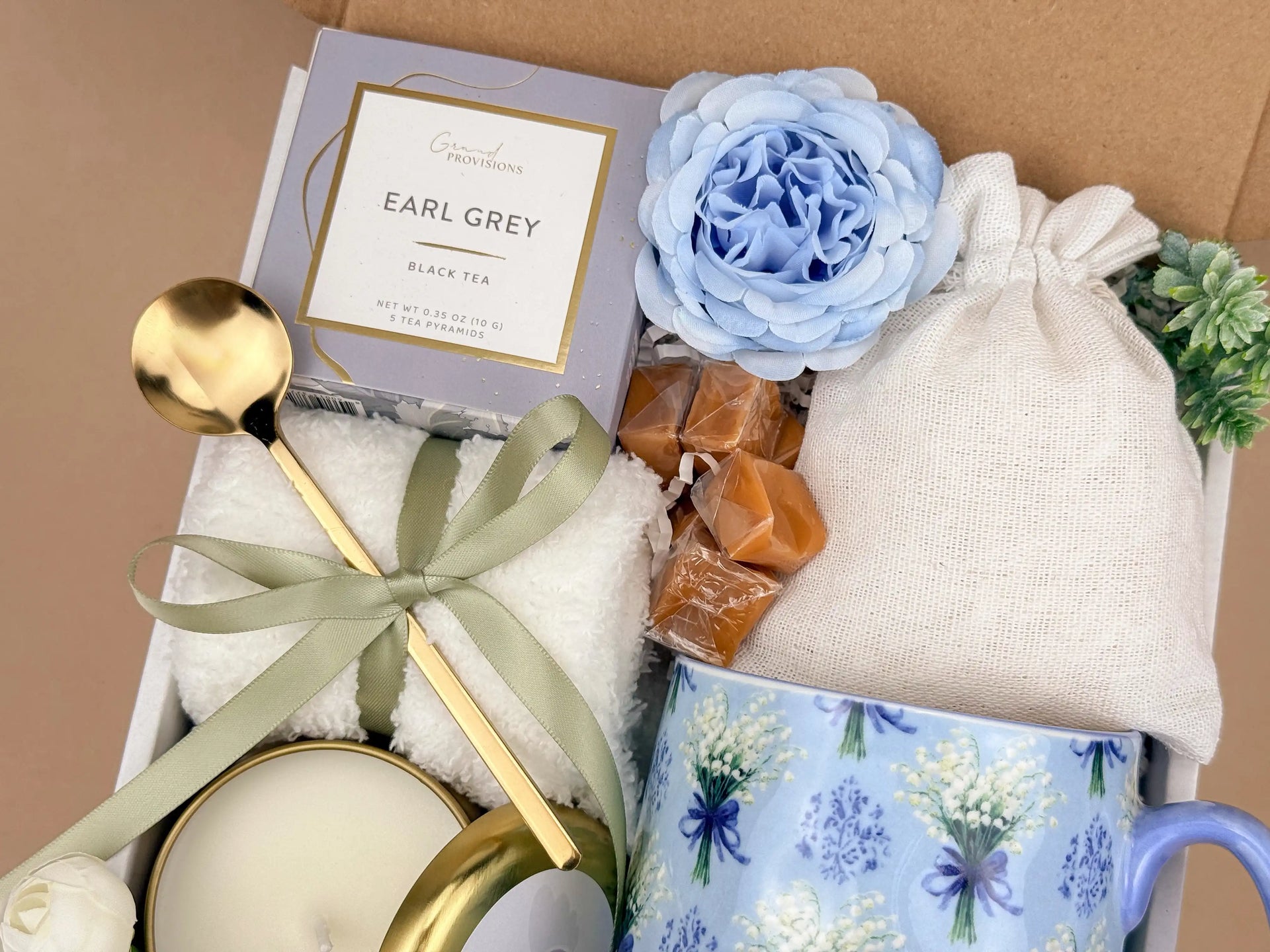 Gratitude & Comfort Gift Box for Her – Mug, Socks, Tea, Candle & Caramel Treats  Image 4