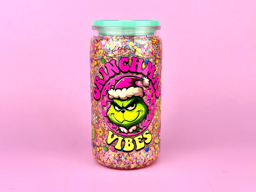 Grinchams Snow Globe Tumbler 16oz — Lid & Straw