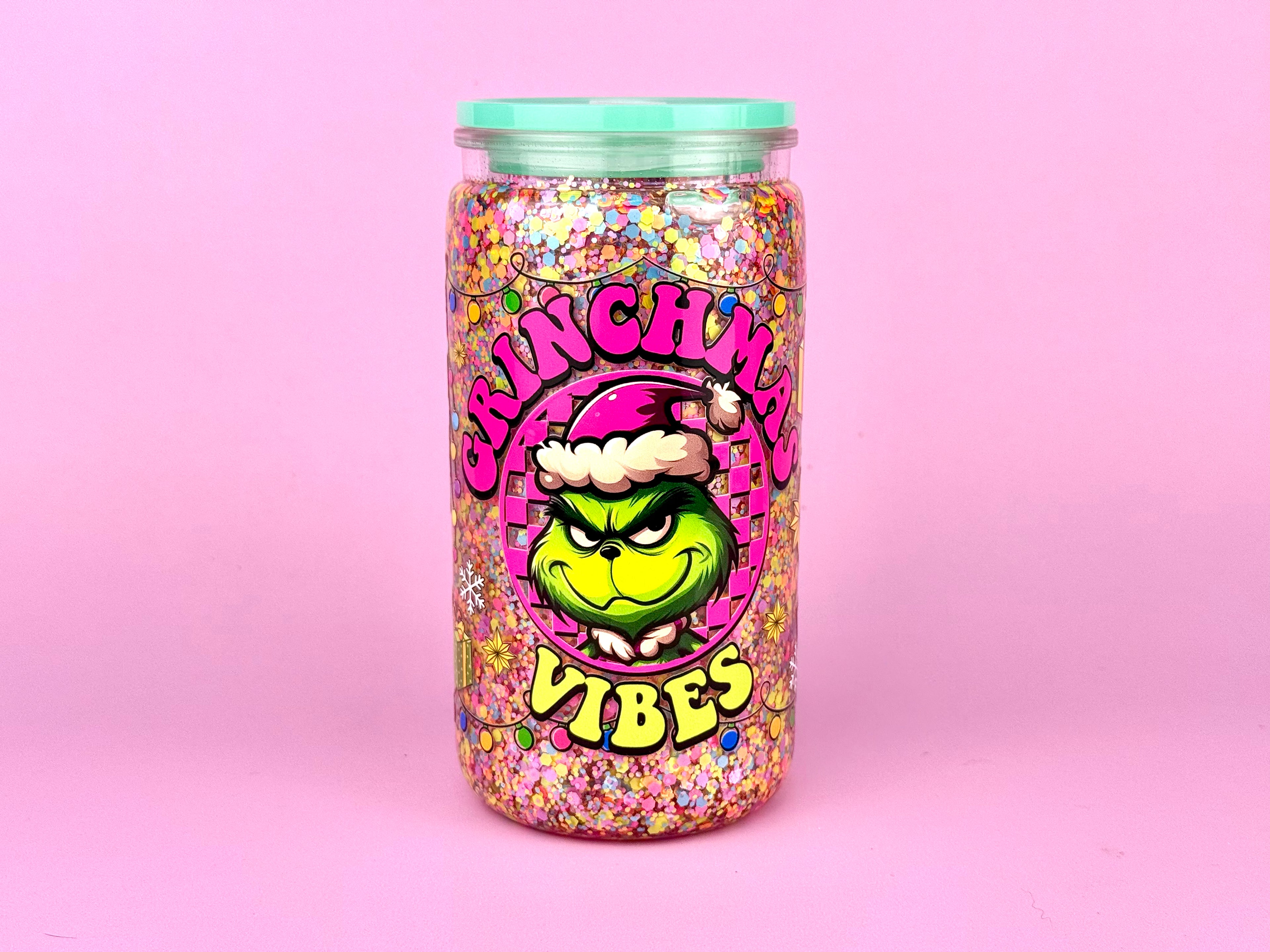 Grinchams Snow Globe Tumbler 16oz — Lid & Straw