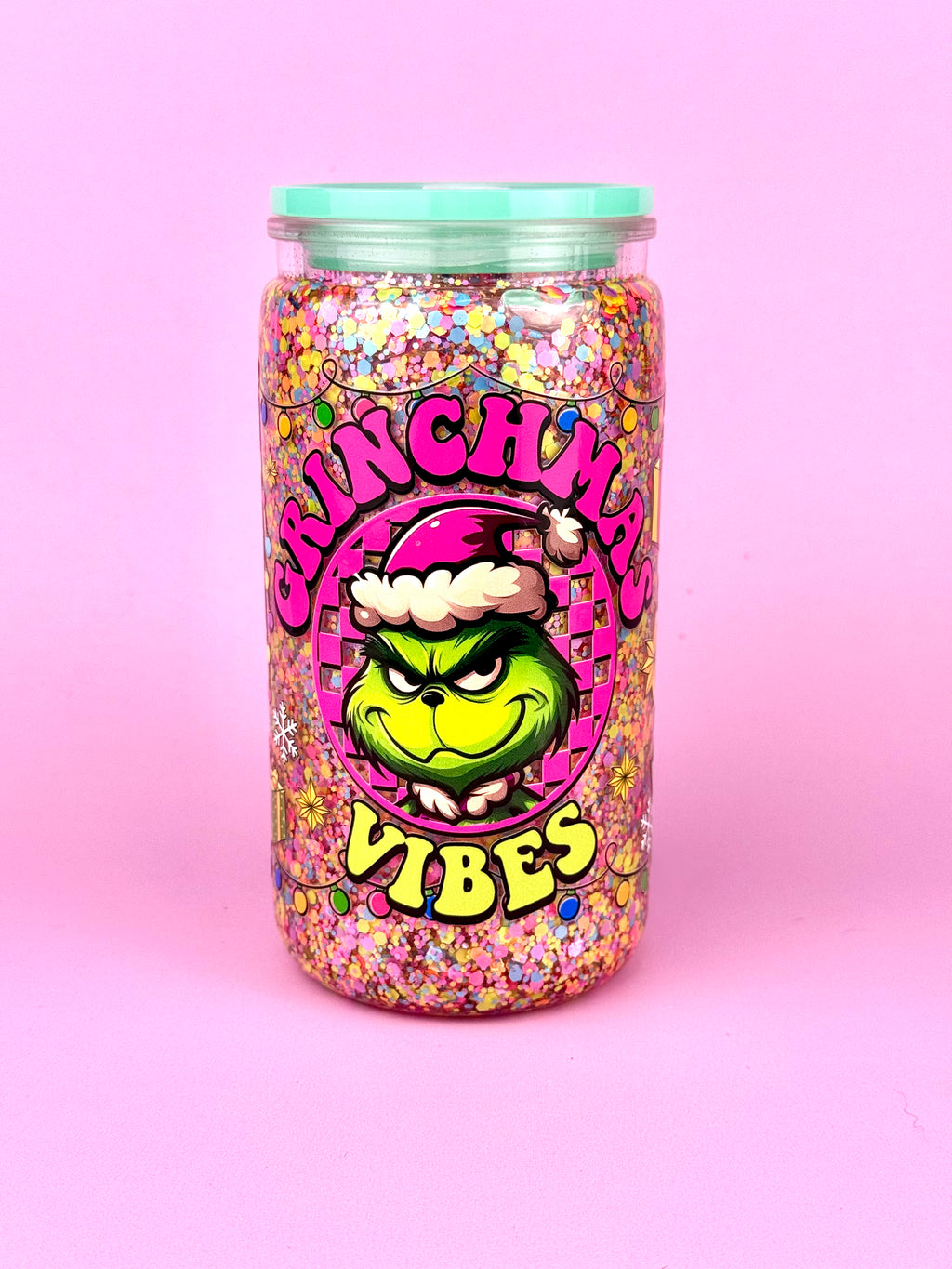 Grinchams Snow Globe Tumbler 16oz — Lid & Straw Vertical