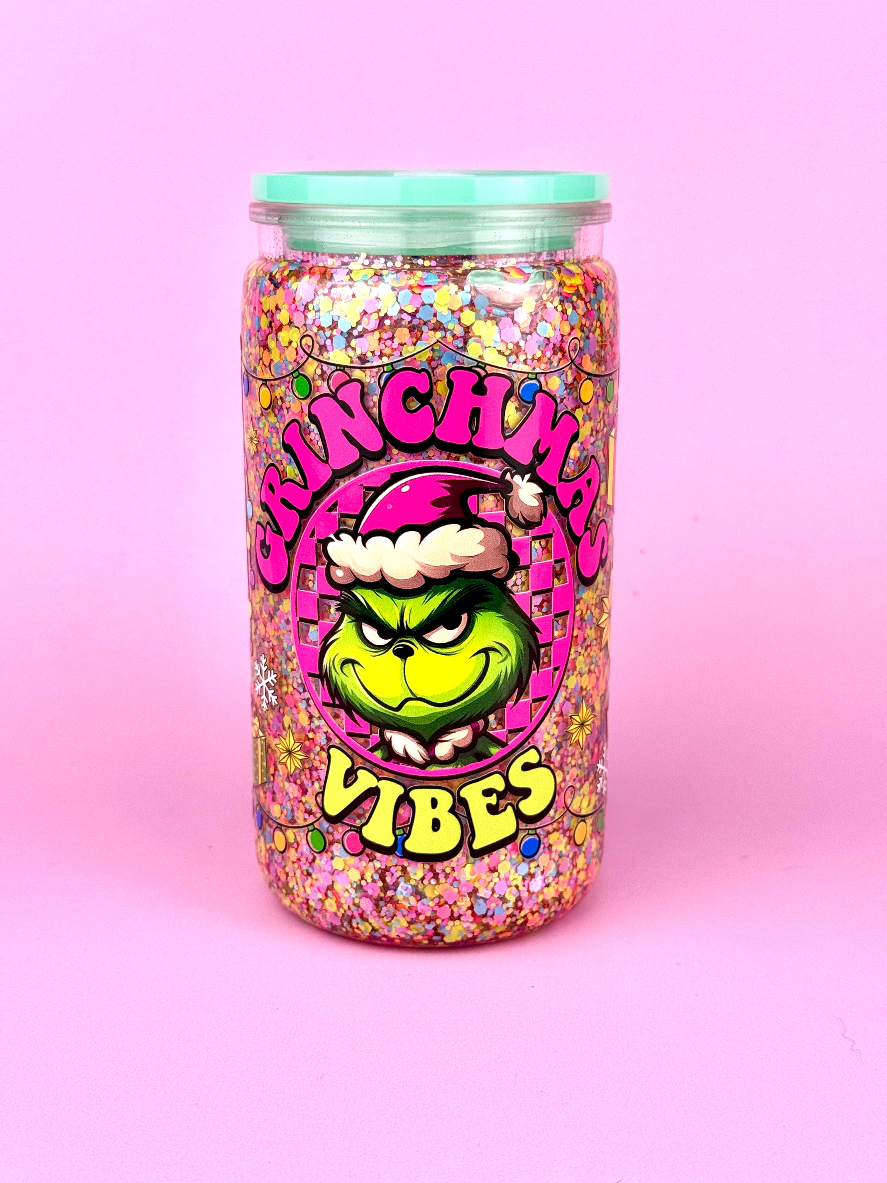 Grinchams Snow Globe Tumbler 16oz — Lid & Straw Vertical