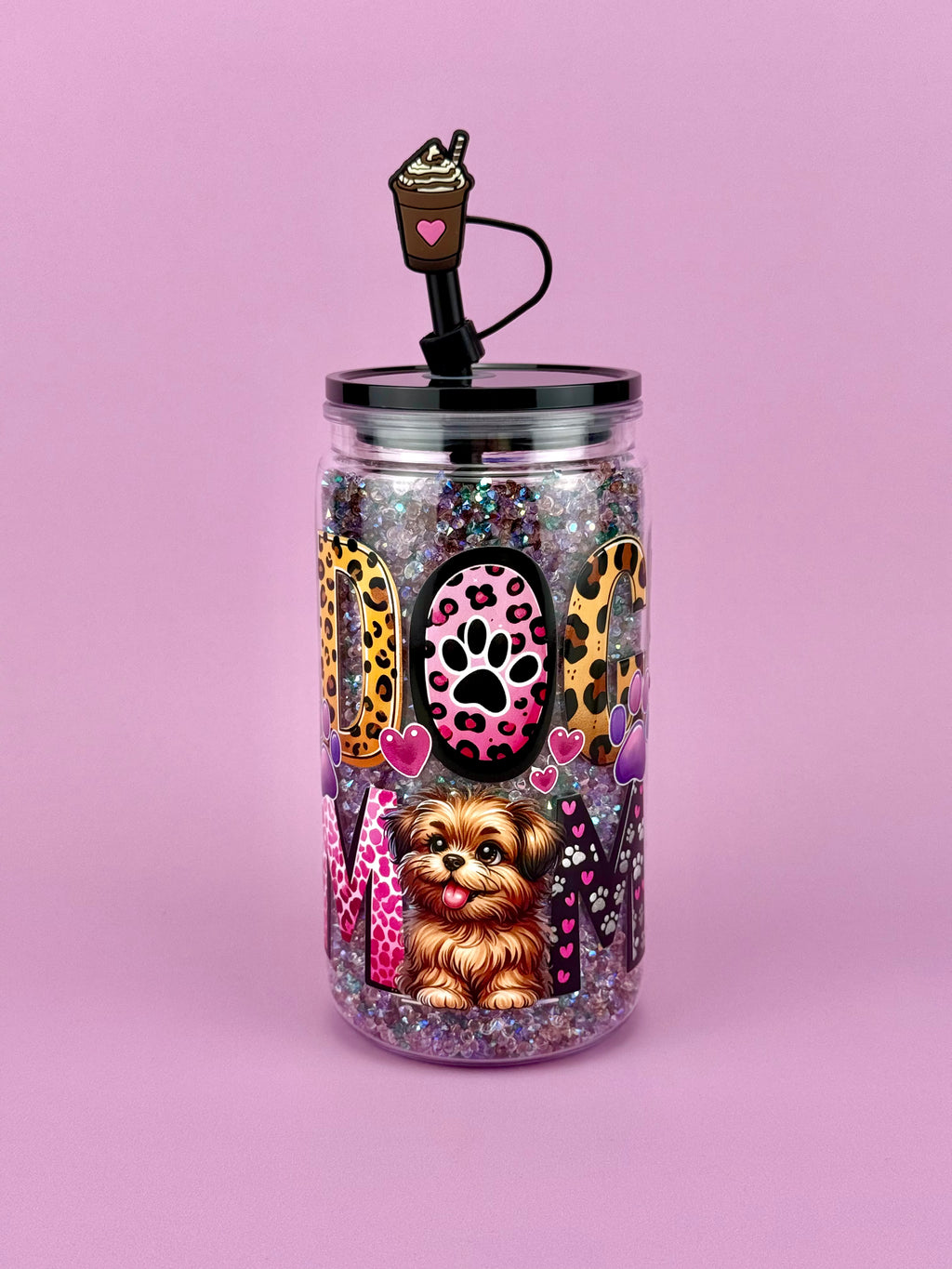 Dog Mama Sparkle Acrylic Cup 16oz with Floating Crystals 
