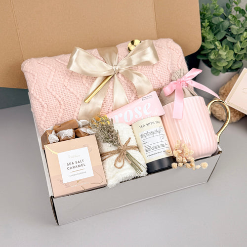 Cozy Elegant Gift Box for Her, Self Care Gift with Blanket, Mug, Fuzzy Socks & Treats, Handmade Relaxation Gift for Women Front