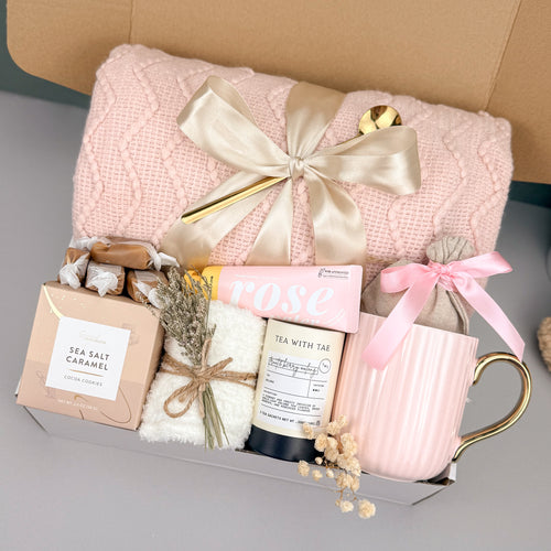 Cozy Elegant Gift Box for Her, Self Care Gift with Blanket, Mug, Fuzzy Socks & Treats, Handmade Relaxation Gift for Women