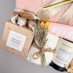Cozy Elegant Gift Box for Her, Self Care Gift with Blanket, Mug, Fuzzy Socks & Treats, Handmade Relaxation Gift for Women Back