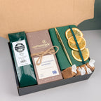 Cozy Coffee & Chocolate Gift Box – Ground Coffee, Notebook & Gold Pen, Dark Chocolate Espresso Bar, Sugar-Free Caramel Candles, Dried Orange Slices