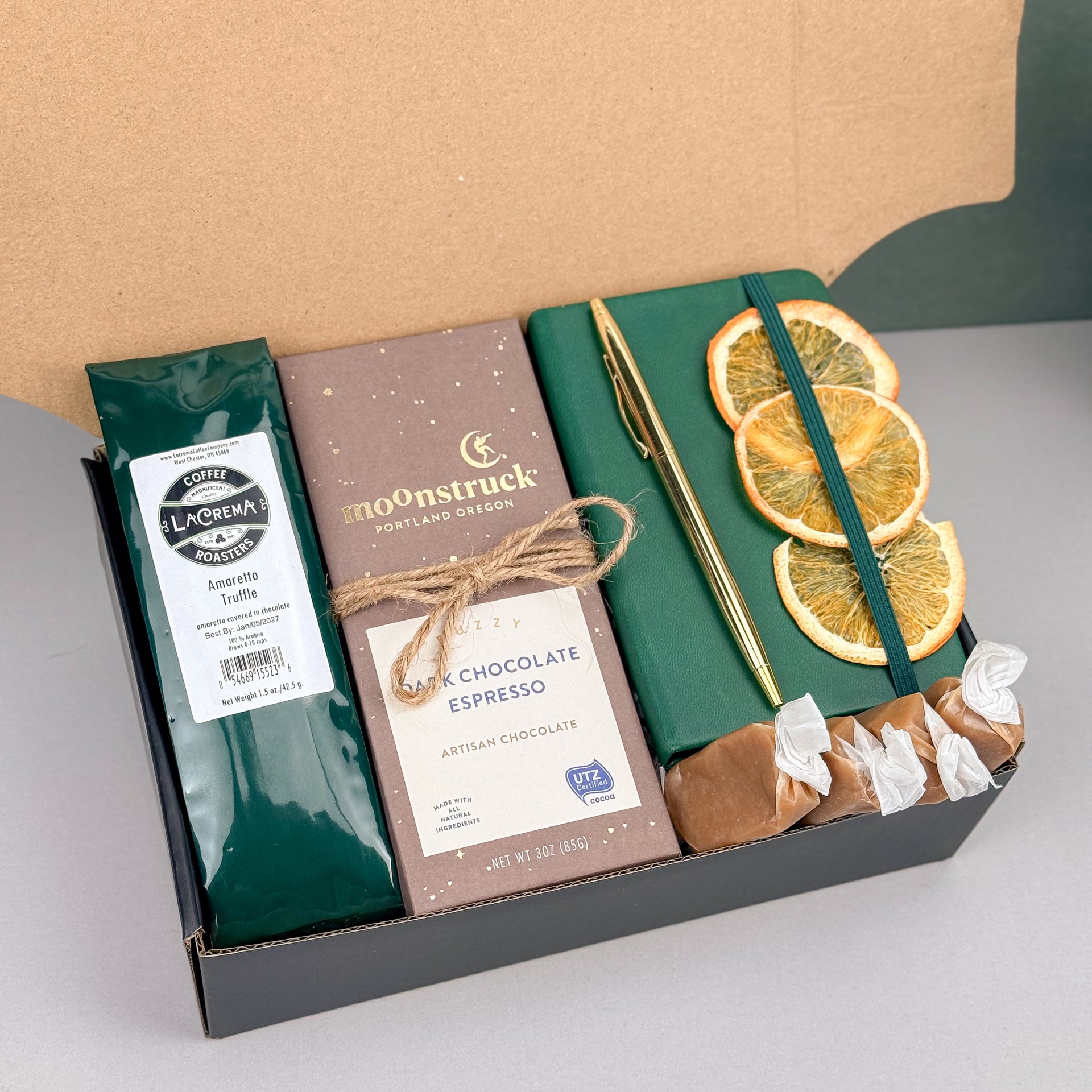 Cozy Coffee & Chocolate Gift Box – Ground Coffee, Notebook & Gold Pen, Dark Chocolate Espresso Bar, Sugar-Free Caramel Candles, Dried Orange Slices