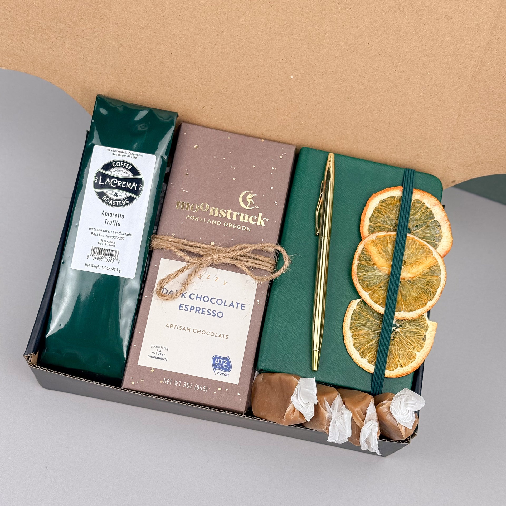 Cozy Coffee & Chocolate Gift Box – Ground Coffee, Notebook & Gold Pen, Dark Chocolate Espresso Bar, Sugar-Free Caramel Candles, Dried Orange Slices
