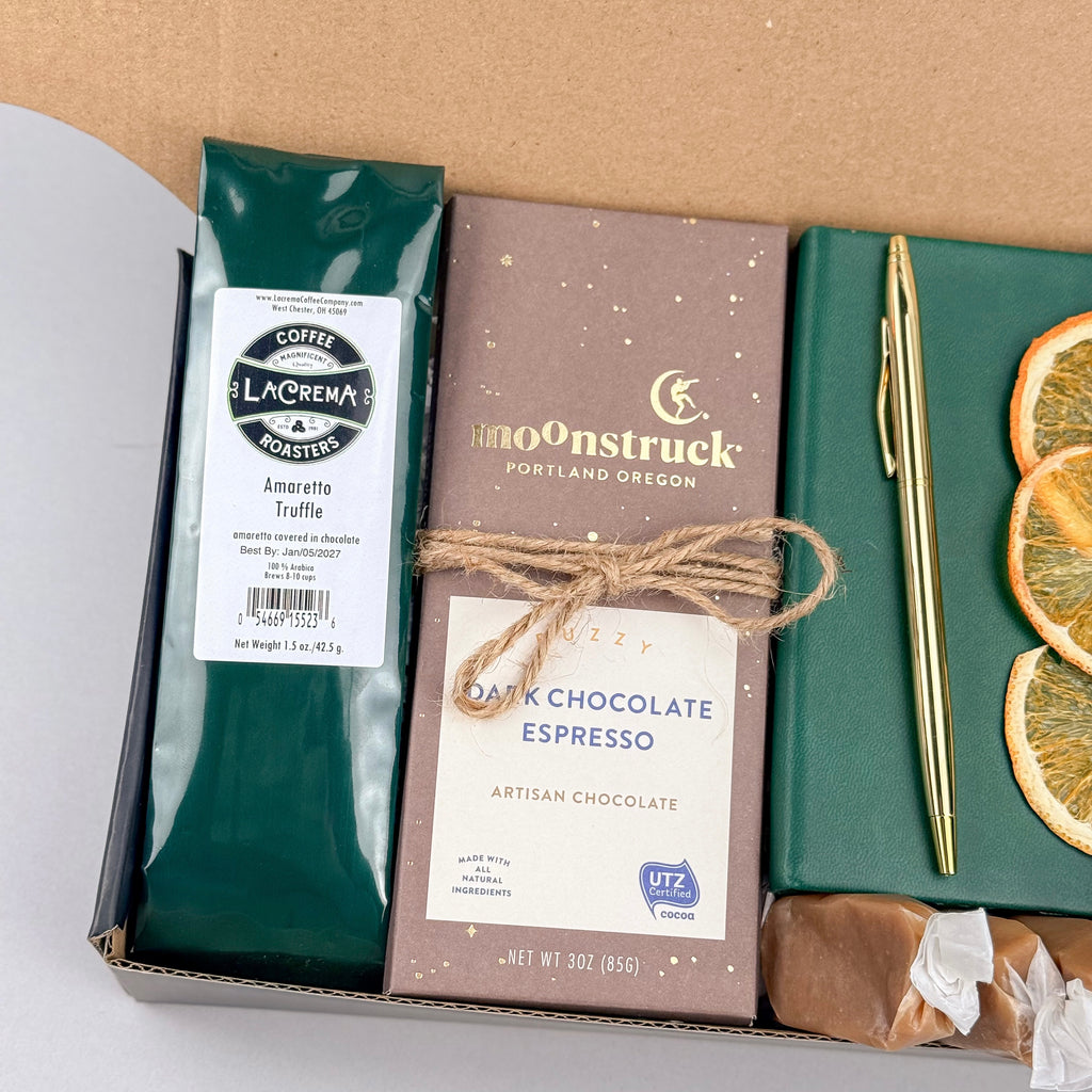 Cozy Coffee & Chocolate Gift Box – Ground Coffee, Notebook & Gold Pen, Dark Chocolate Espresso Bar, Sugar-Free Caramel Candles, Dried Orange Slices Left