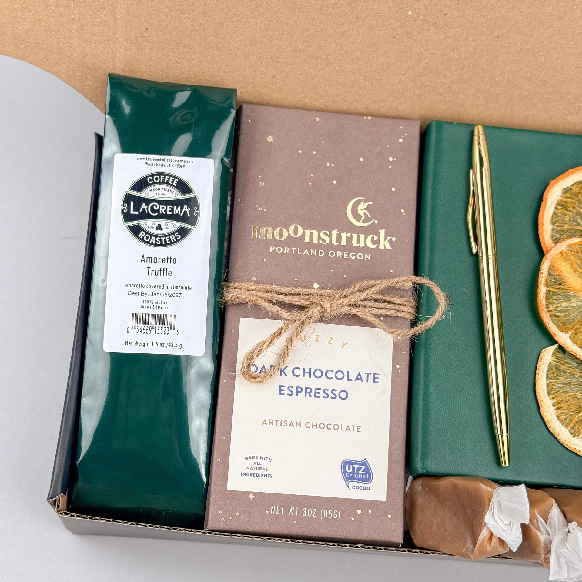 Cozy Coffee & Chocolate Gift Box – Ground Coffee, Notebook & Gold Pen, Dark Chocolate Espresso Bar, Sugar-Free Caramel Candles, Dried Orange Slices Left