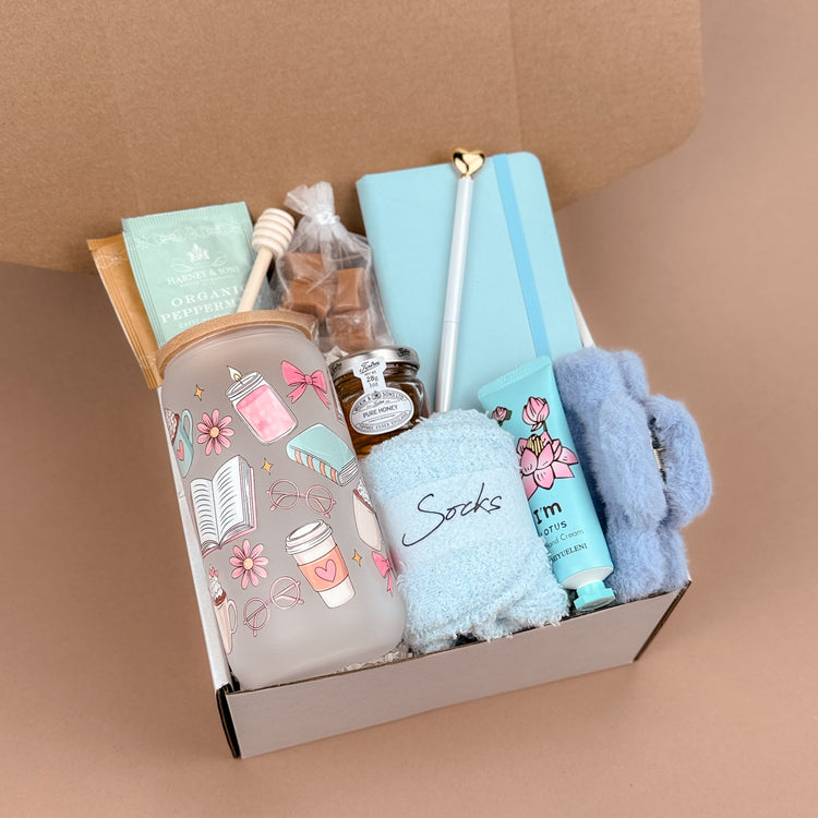 Tranquil Blue Gift Box – Handmade Cozy Self-Care Set with Tumblers & Tea, Perfect for Relaxation Image 1