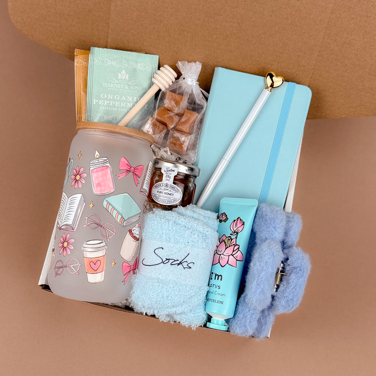Tranquil Blue Gift Box – Handmade Cozy Self-Care Set with Tumblers & Tea, Perfect for Relaxation Image 2