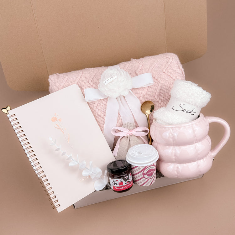 Soft Pink Gift Box – Handmade Cozy Self-Care Set with Blanket, Mug & Cocoa, Perfect for Thinking of You Image 1