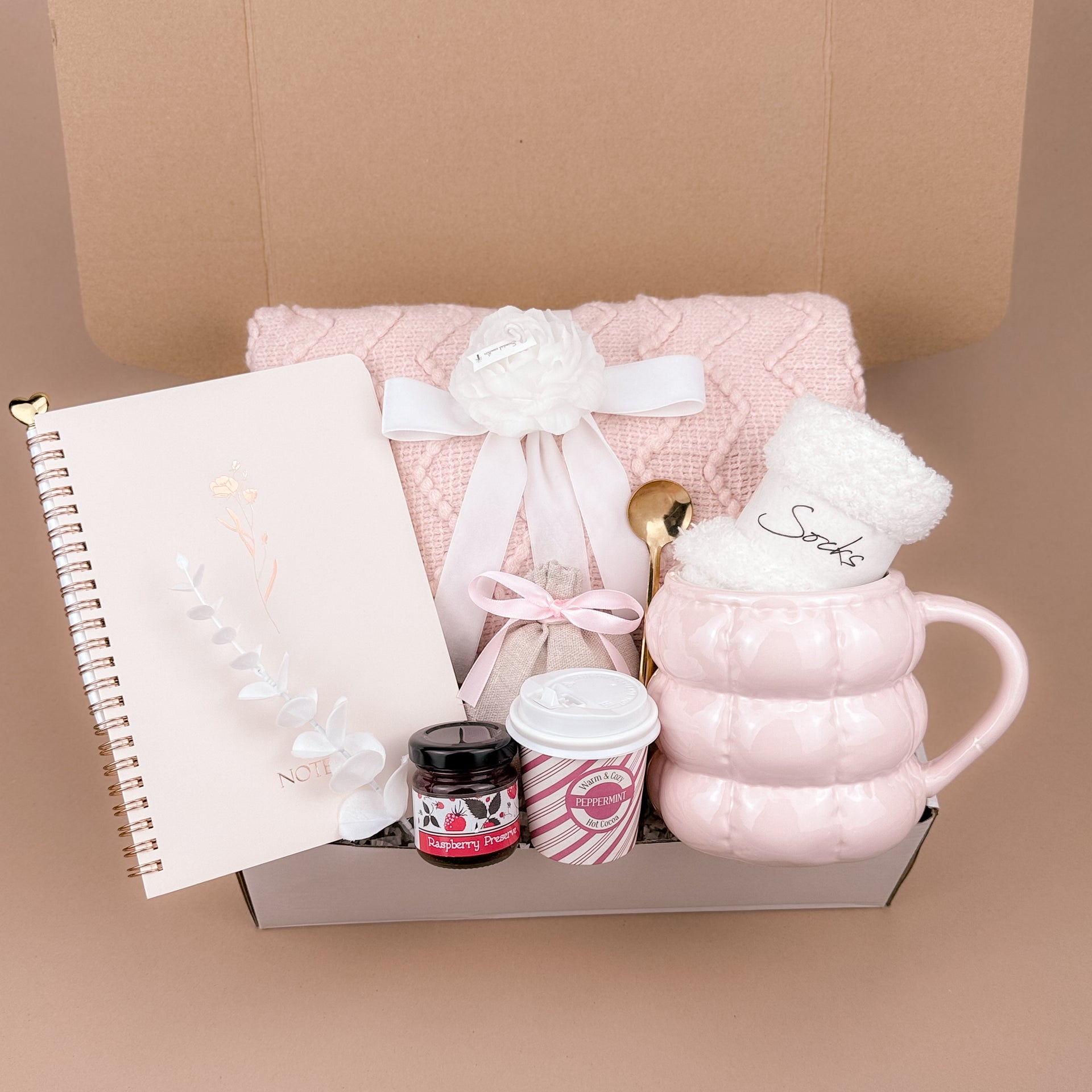 Soft Pink Gift Box – Handmade Cozy Self-Care Set with Blanket, Mug & Cocoa, Perfect for Thinking of You Image 2