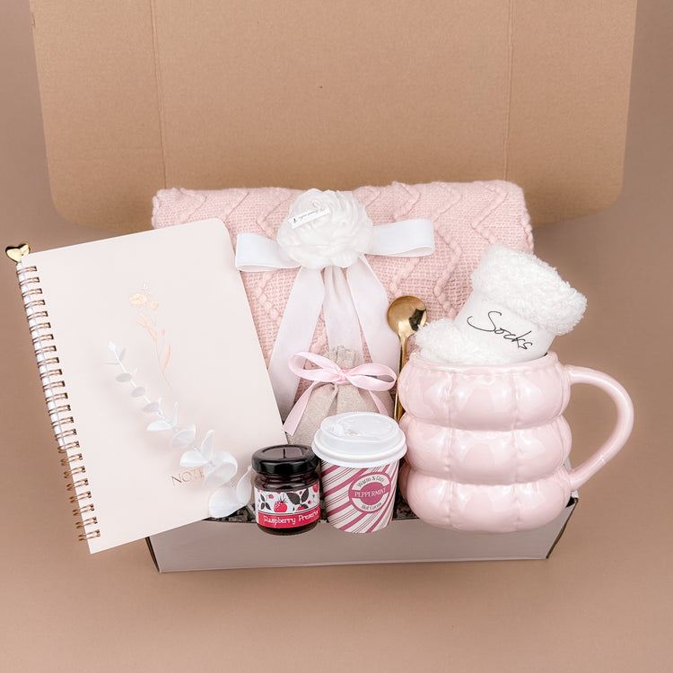 Soft Pink Gift Box – Handmade Cozy Self-Care Set with Blanket, Mug & Cocoa, Perfect for Thinking of You Image 2