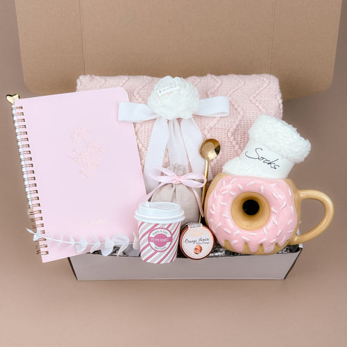 Soft Pink Gift Box – Handmade Cozy Self-Care Set with Blanket, Donut Mug & Cocoa, Perfect for Thinking of You Image 2