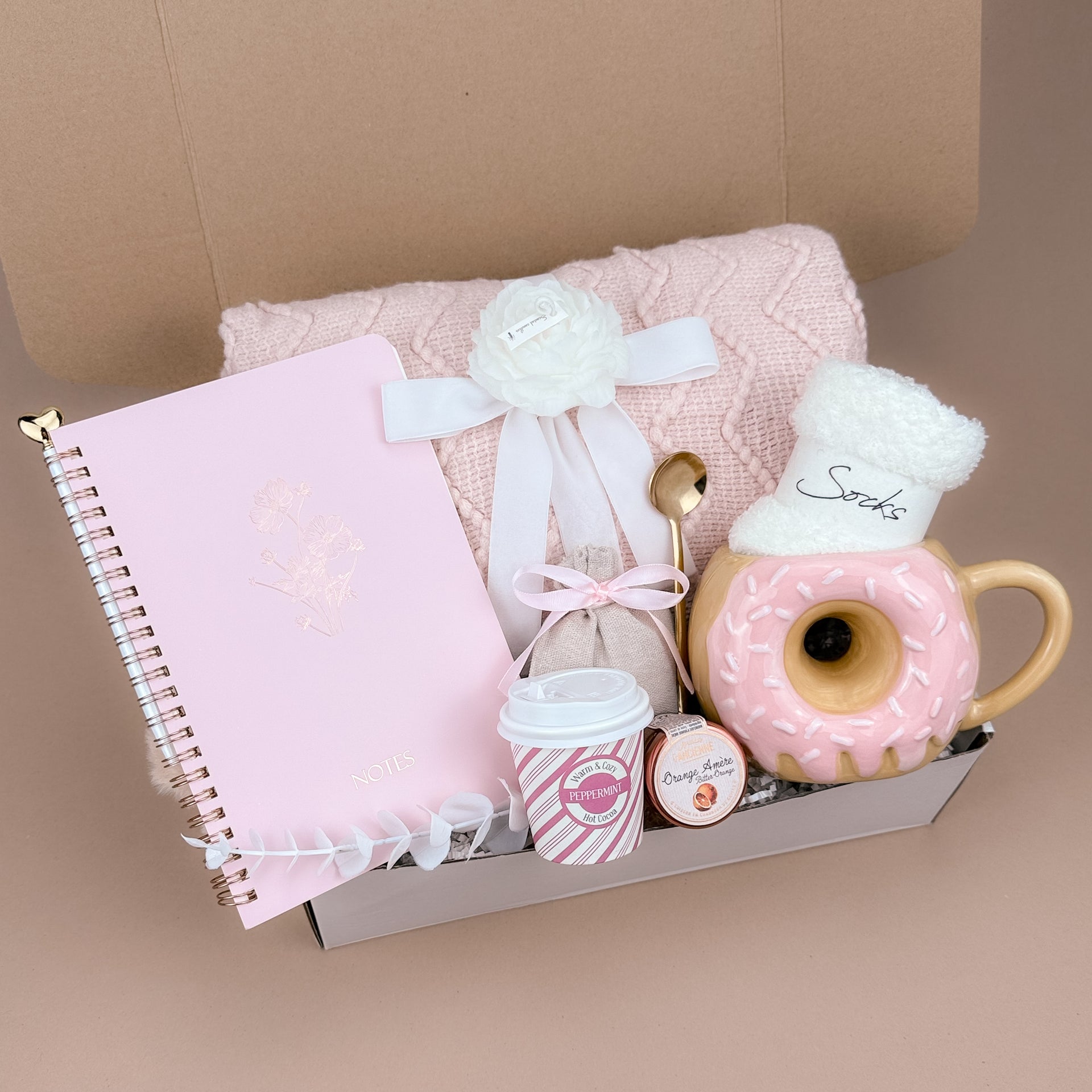 Soft Pink Gift Box – Handmade Cozy Self-Care Set with Blanket, Donut Mug & Cocoa, Perfect for Thinking of You Image 1