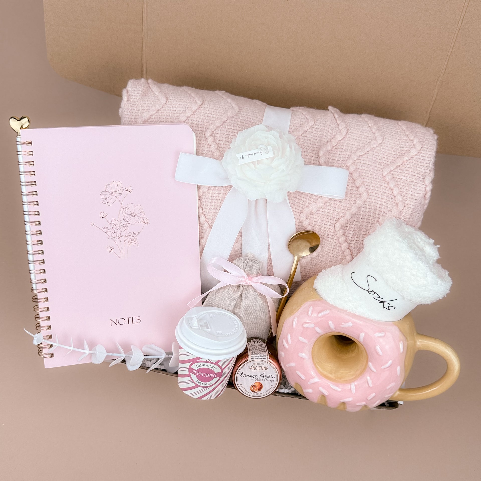Soft Pink Gift Box – Handmade Cozy Self-Care Set with Blanket, Donut Mug & Cocoa, Perfect for Thinking of You Image 6
