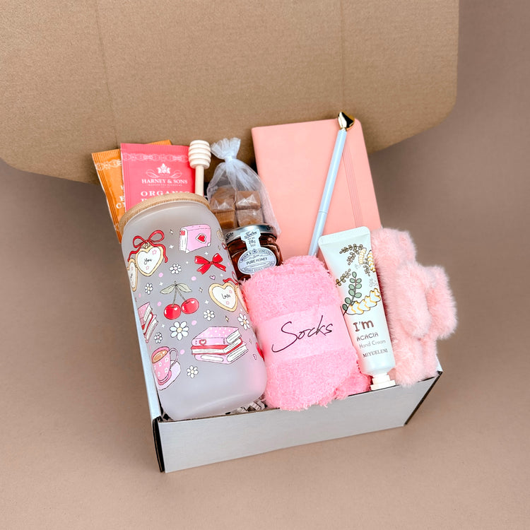 Cozy Moments Gift Box – Handmade Pink Self-Care Set with Tumblers & Tea, Perfect for Relaxation
