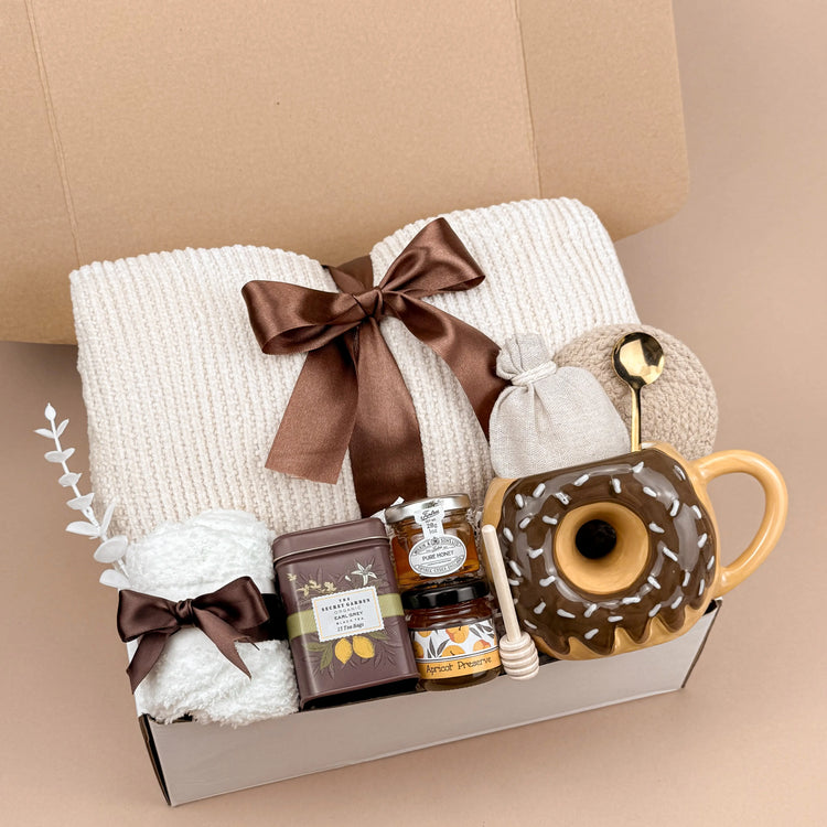 Warm Hug Donut Gift Box – Handmade Cozy Self-Care Set with Blanket, Mug & Tea, Perfect for Relaxation Image 1