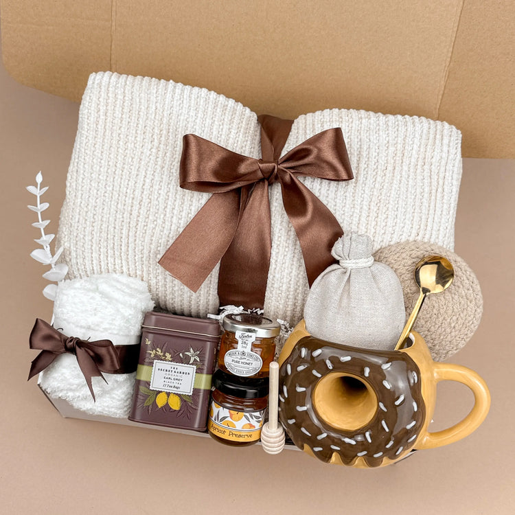 Warm Hug Donut Gift Box – Handmade Cozy Self-Care Set with Blanket, Mug & Tea, Perfect for Relaxation Image 2