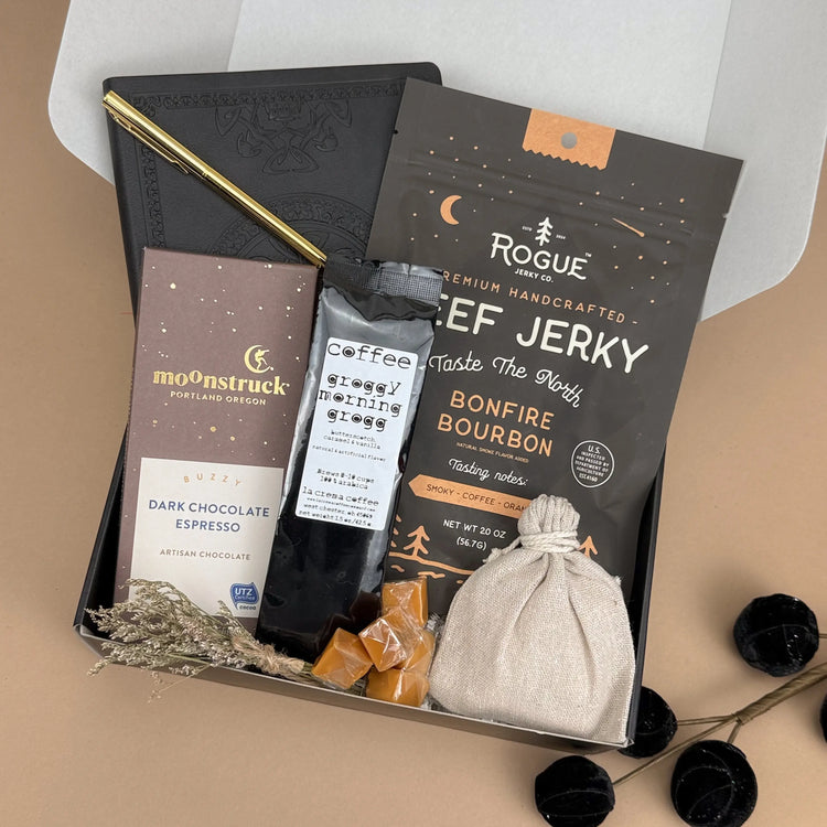Men’s Gift Box – Vintage Journal, Gold Pen, Coffee, Chocolate & Jerky Image 2