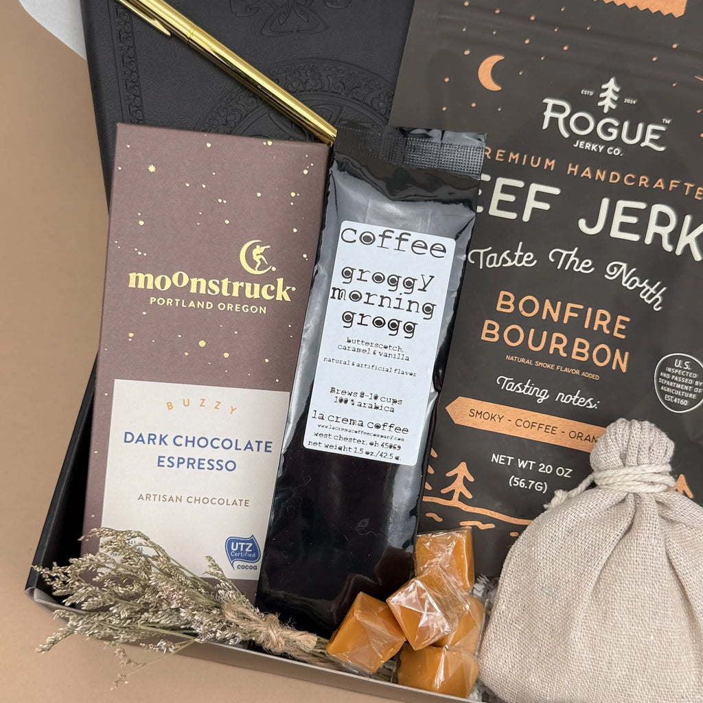 Men’s Gift Box – Vintage Journal, Gold Pen, Coffee, Chocolate & Jerky Image 3