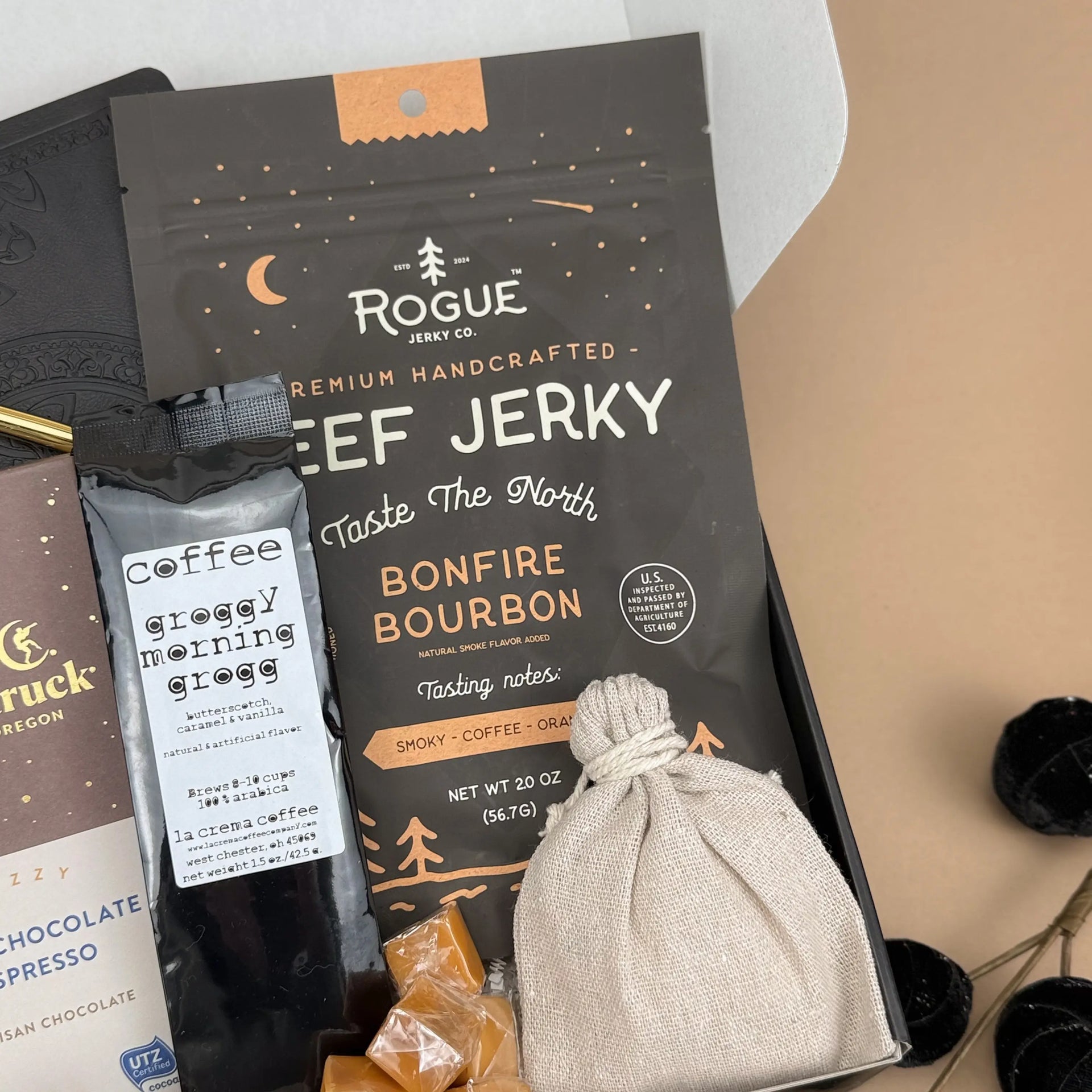 Men’s Gift Box – Vintage Journal, Gold Pen, Coffee, Chocolate & Jerky Image 4