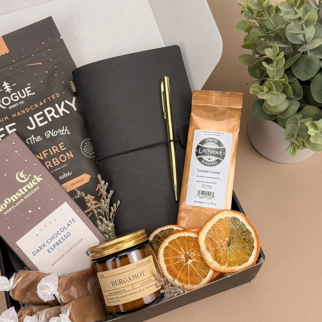 Curated Man Cave Gift Box for Him - Leather Journal, Gourmet Snacks, Caramel Coffee, Candle & Treats | Unique Birthday Gifts for Men Image 4