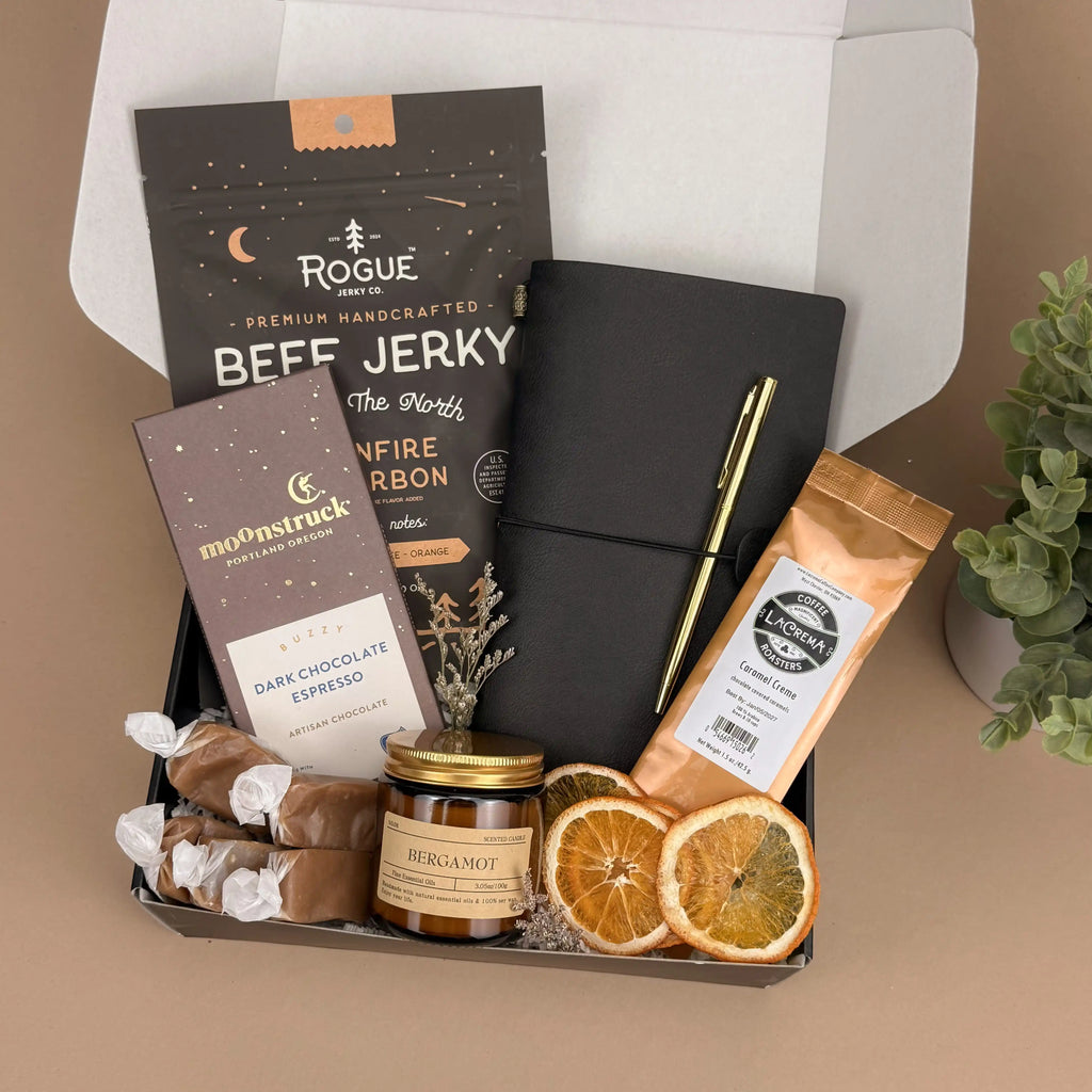 Curated Man Cave Gift Box for Him - Leather Journal, Gourmet Snacks, Caramel Coffee, Candle & Treats | Unique Birthday Gifts for Men Image 2