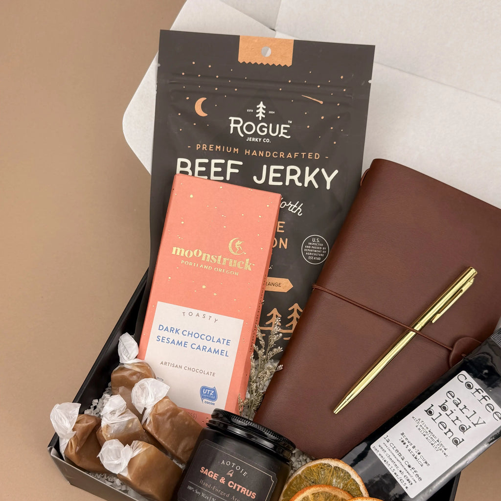 Curated Gentleman's Discovery Box - Brown Leather Journal, Croggy Morning Coffee, Artisan Snacks & Citrus Candle | Unique Gifts for Men Image 3