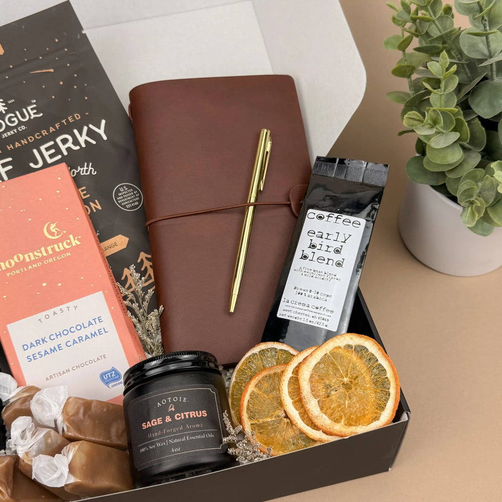 Curated Gentleman's Discovery Box - Brown Leather Journal, Croggy Morning Coffee, Artisan Snacks & Citrus Candle | Unique Gifts for Men Image 4