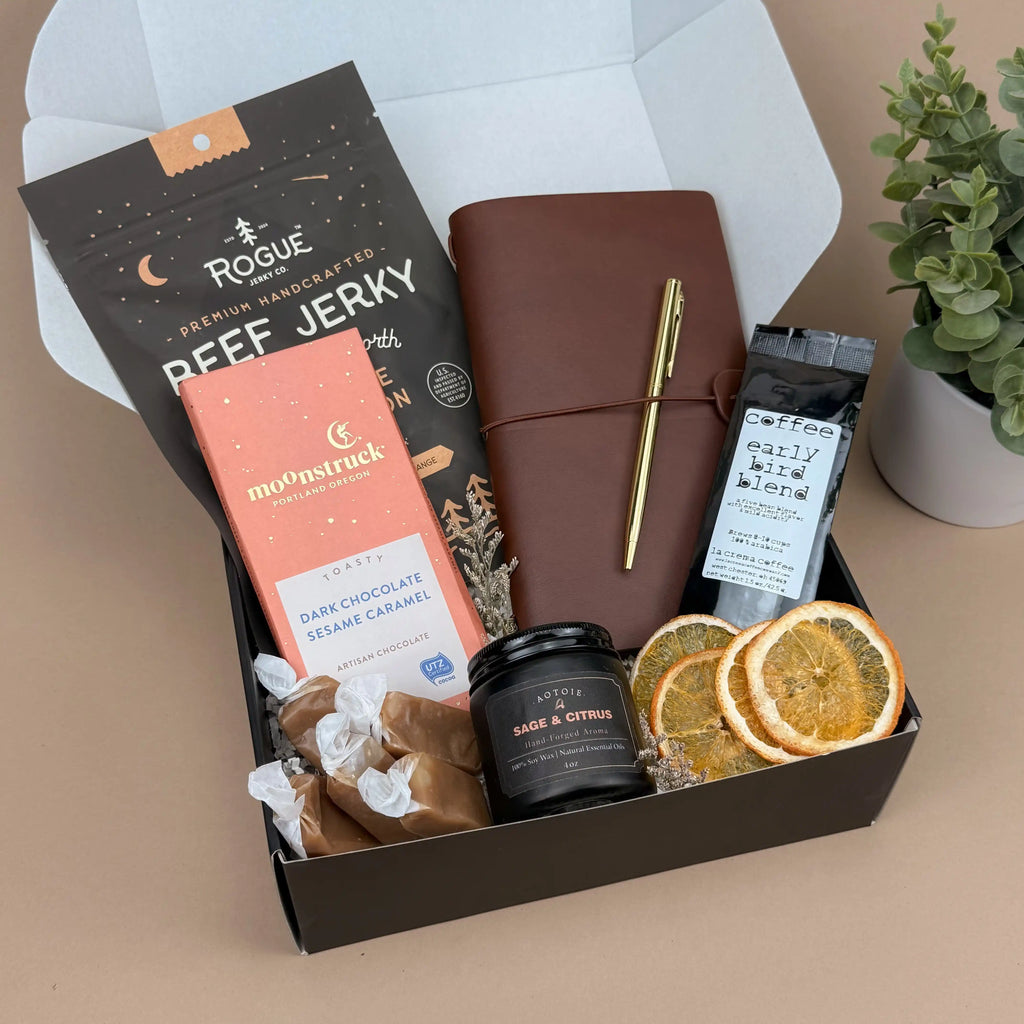 Curated Gentleman's Discovery Box - Brown Leather Journal, Croggy Morning Coffee, Artisan Snacks & Citrus Candle | Unique Gifts for Men
