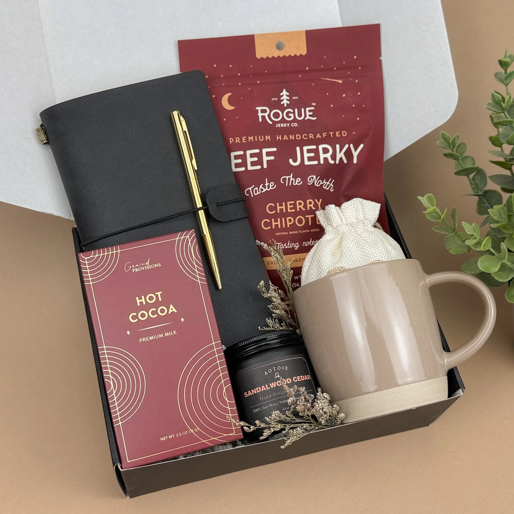 Campfire Comfort Gift Box for Men – Beef Jerky, Leather Notebook, Candle & Cozy Treats