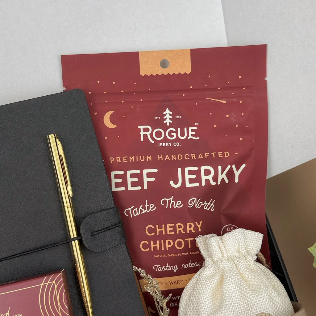 Campfire Comfort Gift Box for Men – Beef Jerky, Leather Notebook, Candle & Cozy Treats Image 3