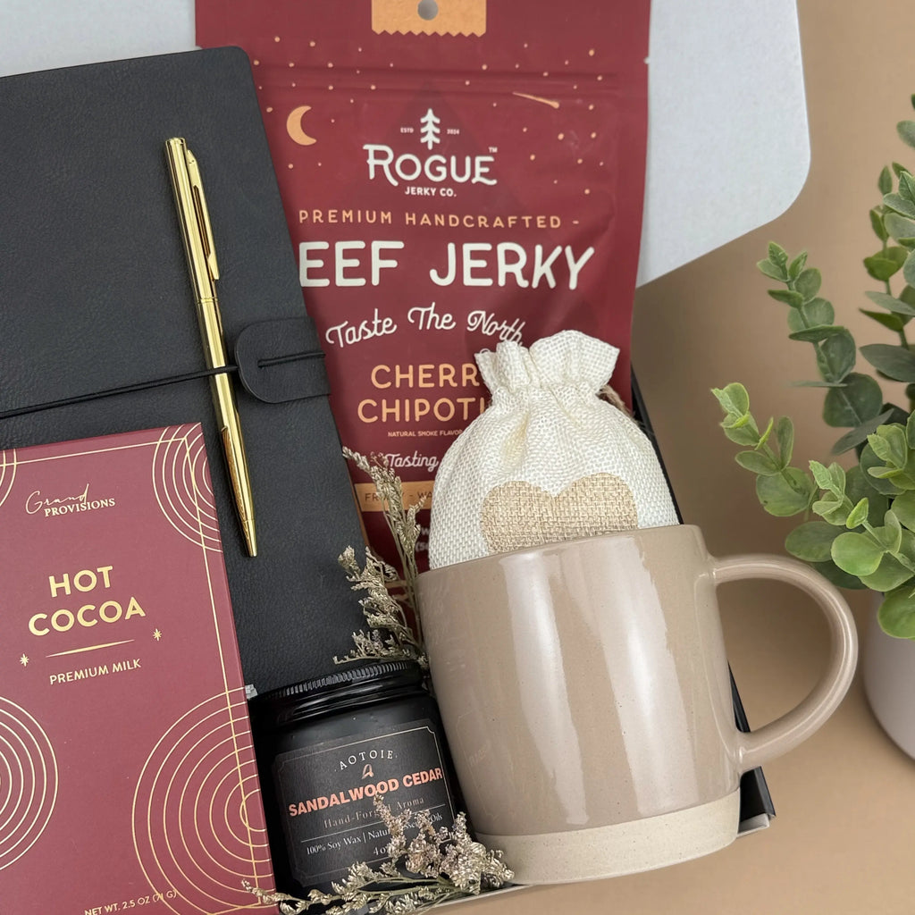 Campfire Comfort Gift Box for Men – Beef Jerky, Leather Notebook, Candle & Cozy Treats Image 4