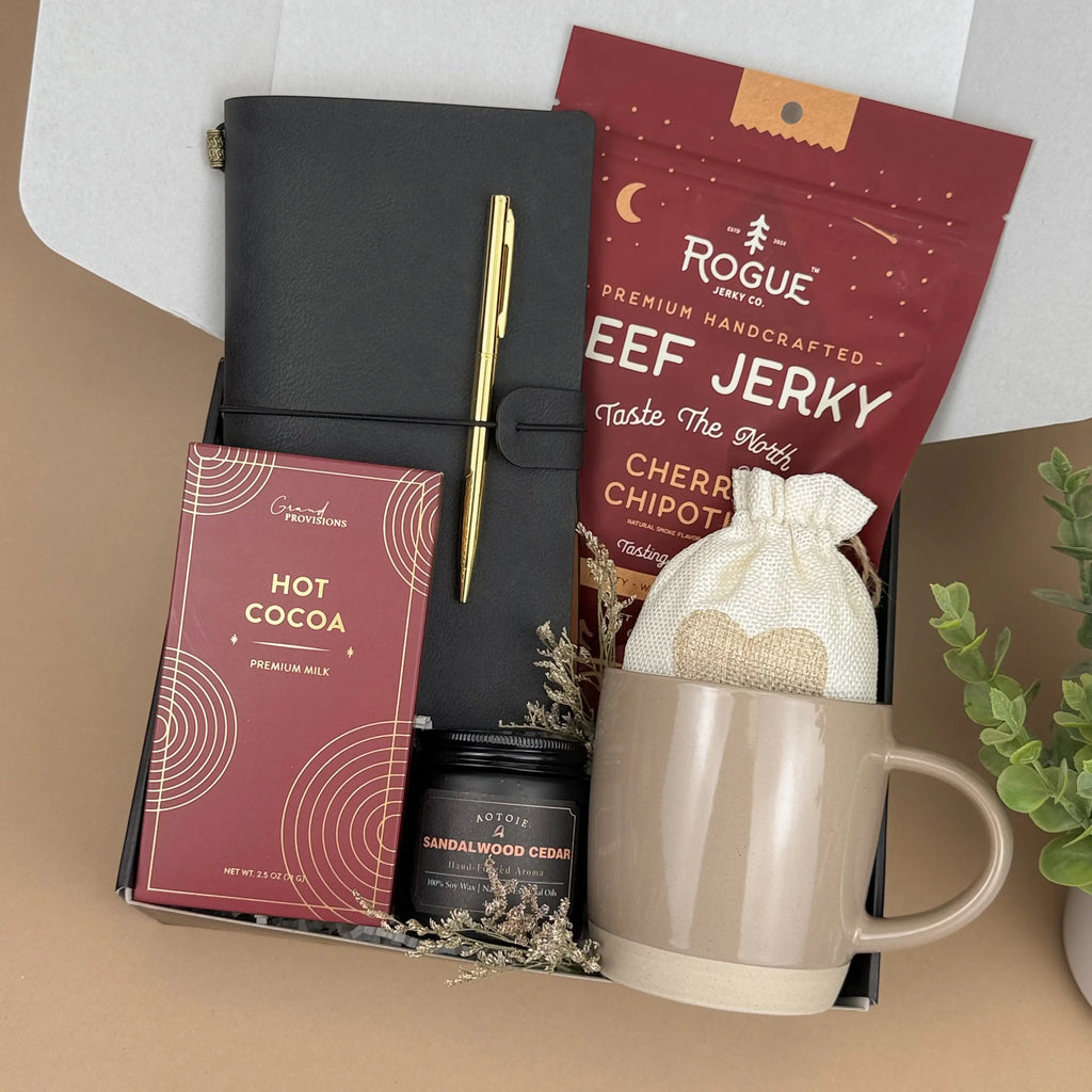 Campfire Comfort Gift Box for Men – Beef Jerky, Leather Notebook, Candle & Cozy Treats Image 2