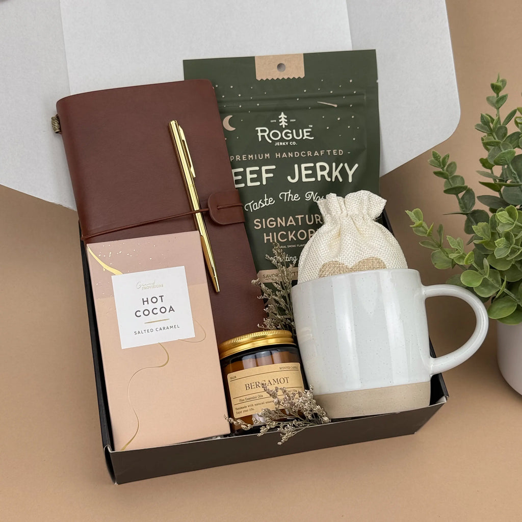 Rustic Campfire Gift Box for Men – Beef Jerky, Brown Leather Journal, Candle & Salted Cocoa