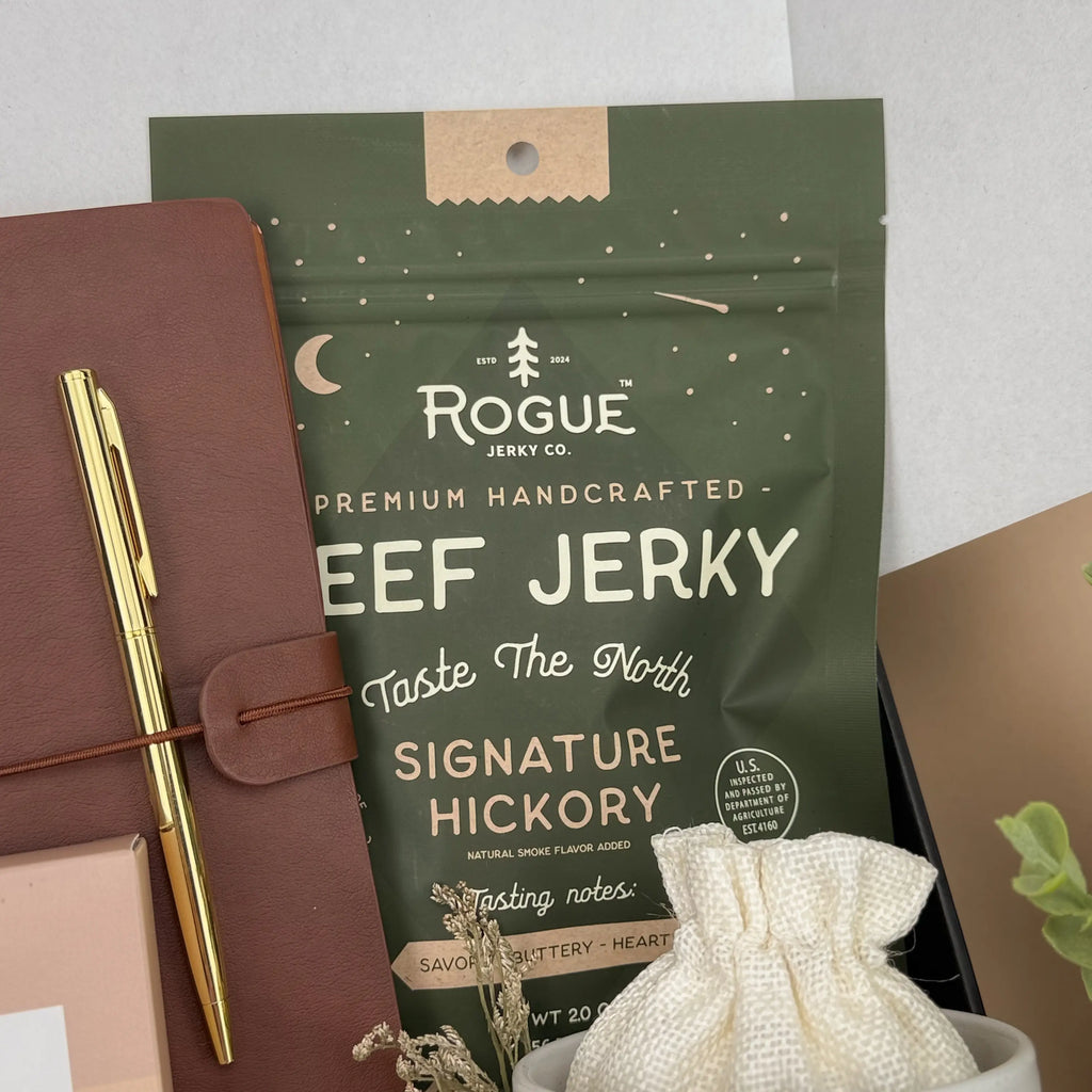 Rustic Campfire Gift Box for Men – Beef Jerky, Brown Leather Journal, Candle & Salted Cocoa Image 4