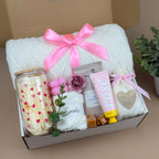 Luxury Self-Care Gift Box for Women | Soft Blanket, Mug, Rose Cream, Candle, Hot Cocoa & Caramel Treats