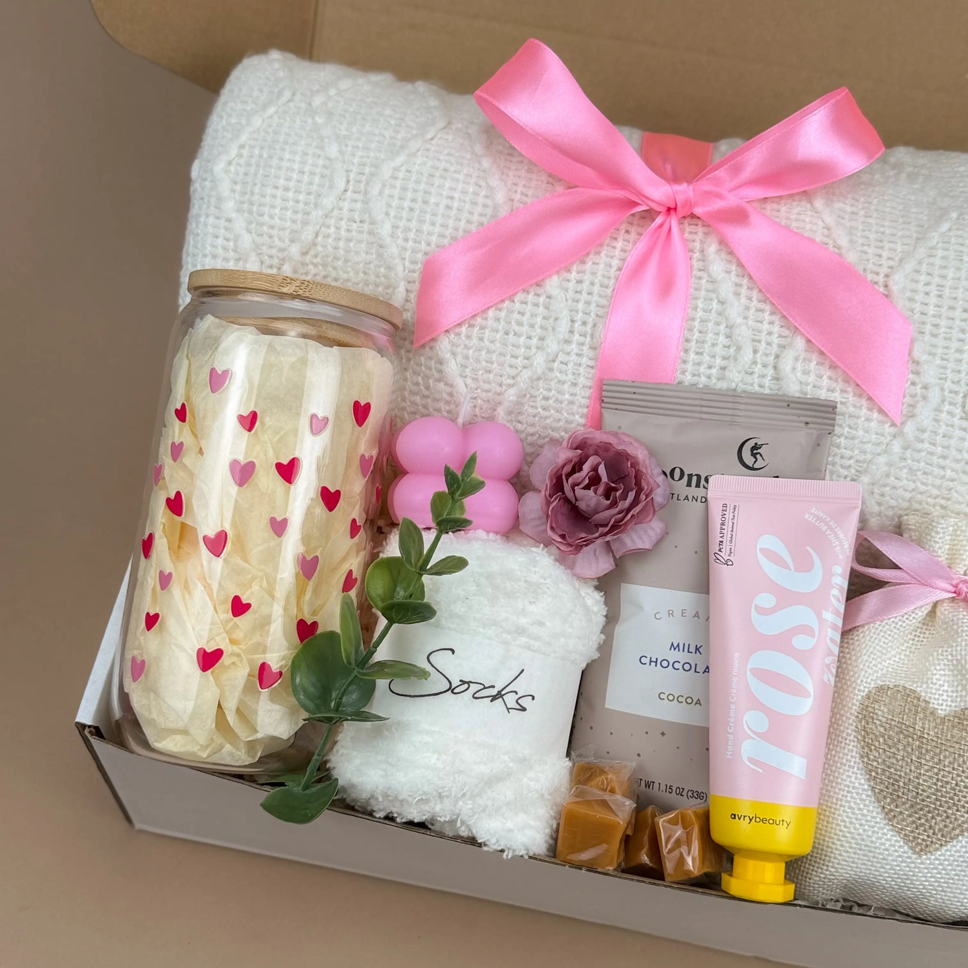 Luxury Self-Care Gift Box for Women | Soft Blanket, Mug, Rose Cream, Candle, Hot Cocoa & Caramel Treats Image 4