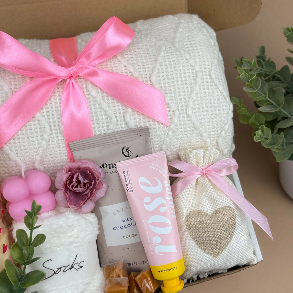 Luxury Self-Care Gift Box for Women | Soft Blanket, Mug, Rose Cream, Candle, Hot Cocoa & Caramel Treats Image 5