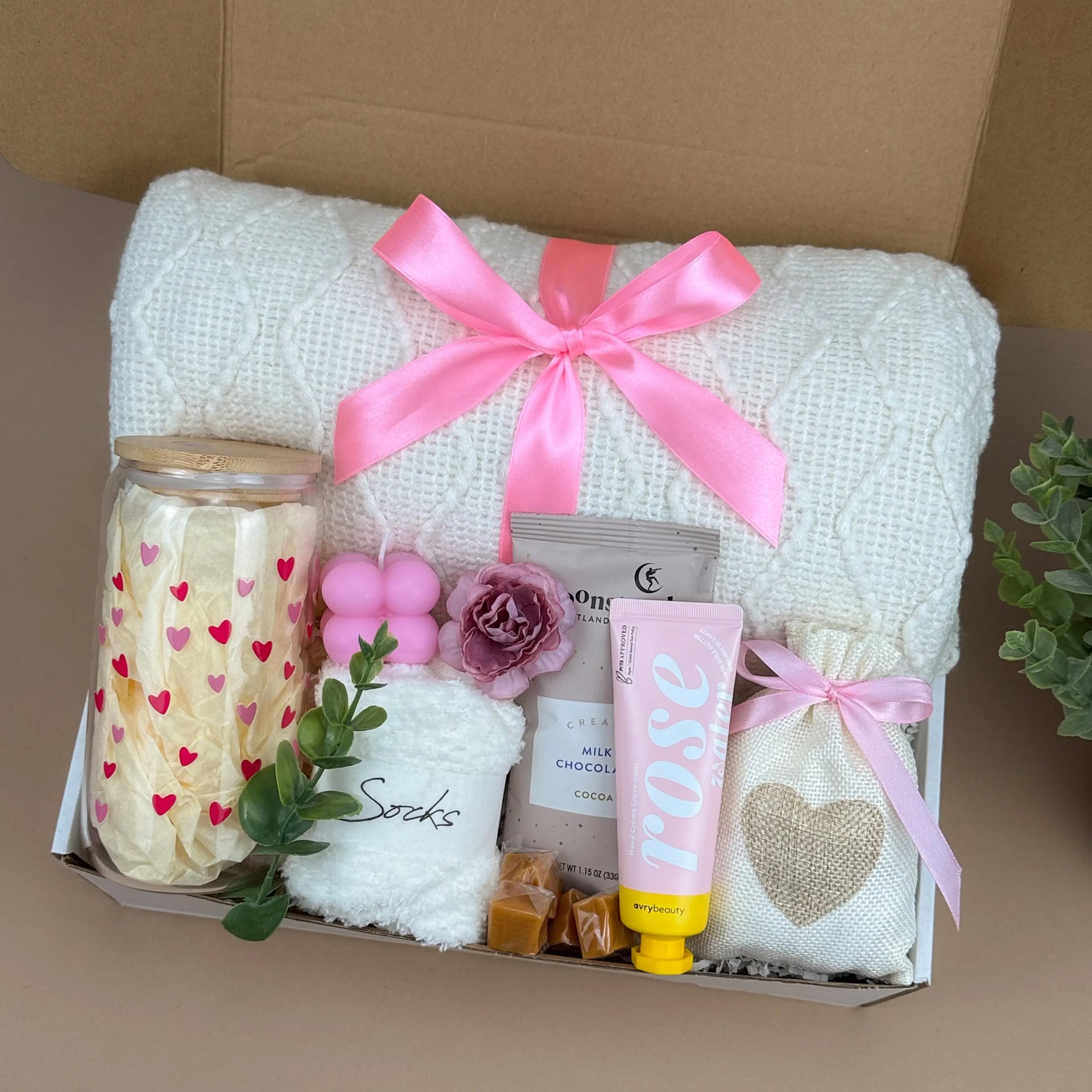 Luxury Self-Care Gift Box for Women | Soft Blanket, Mug, Rose Cream, Candle, Hot Cocoa & Caramel Treats Image 2