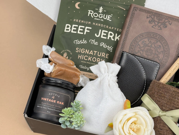 Birthday Gift Box for Him | Leather Notebook, Wood Pen, Beef Jerky & Scented Candle Image 3