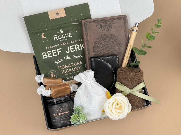 Birthday Gift Box for Him | Leather Notebook, Wood Pen, Beef Jerky & Scented Candle Image 2