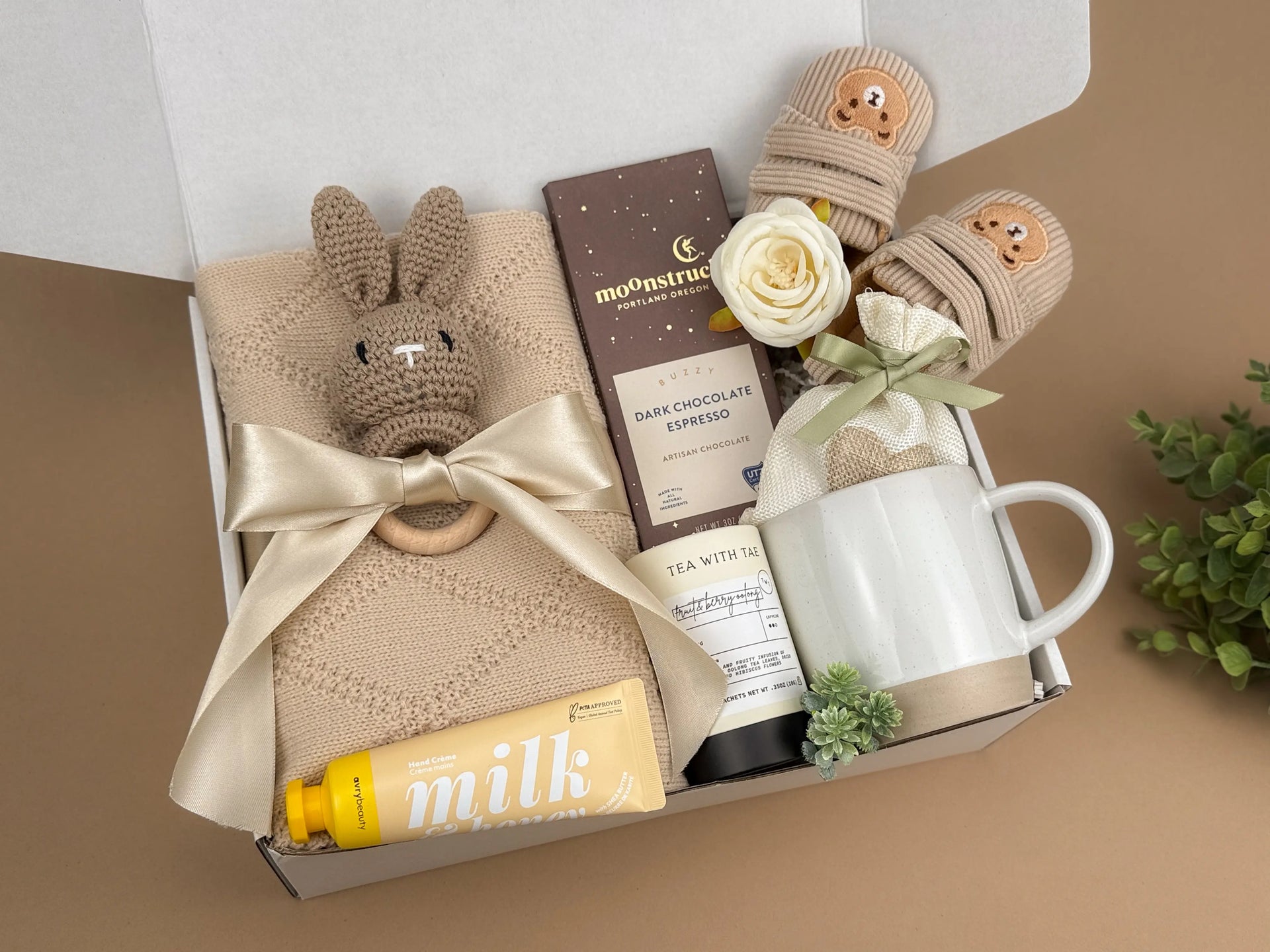 New Mom Comfort Gift Set | Baby Blanket, Bunny Rattle, Mug & Chocolate Treats