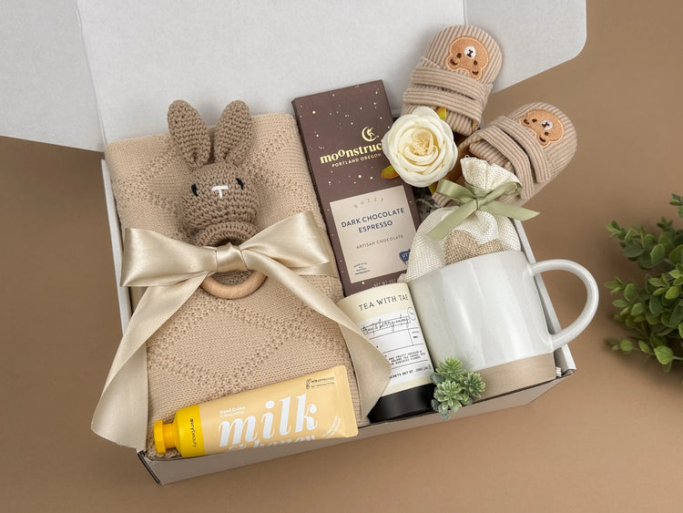 New Mom Comfort Gift Set | Baby Blanket, Bunny Rattle, Mug & Chocolate Treats