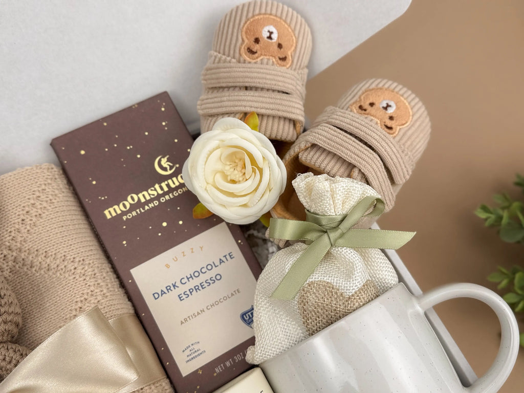 New Mom Comfort Gift Set | Baby Blanket, Bunny Rattle, Mug & Chocolate Treats Image 3
